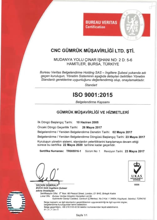 CNC Gümrük Müşavirliği — 9001 Sertifikası